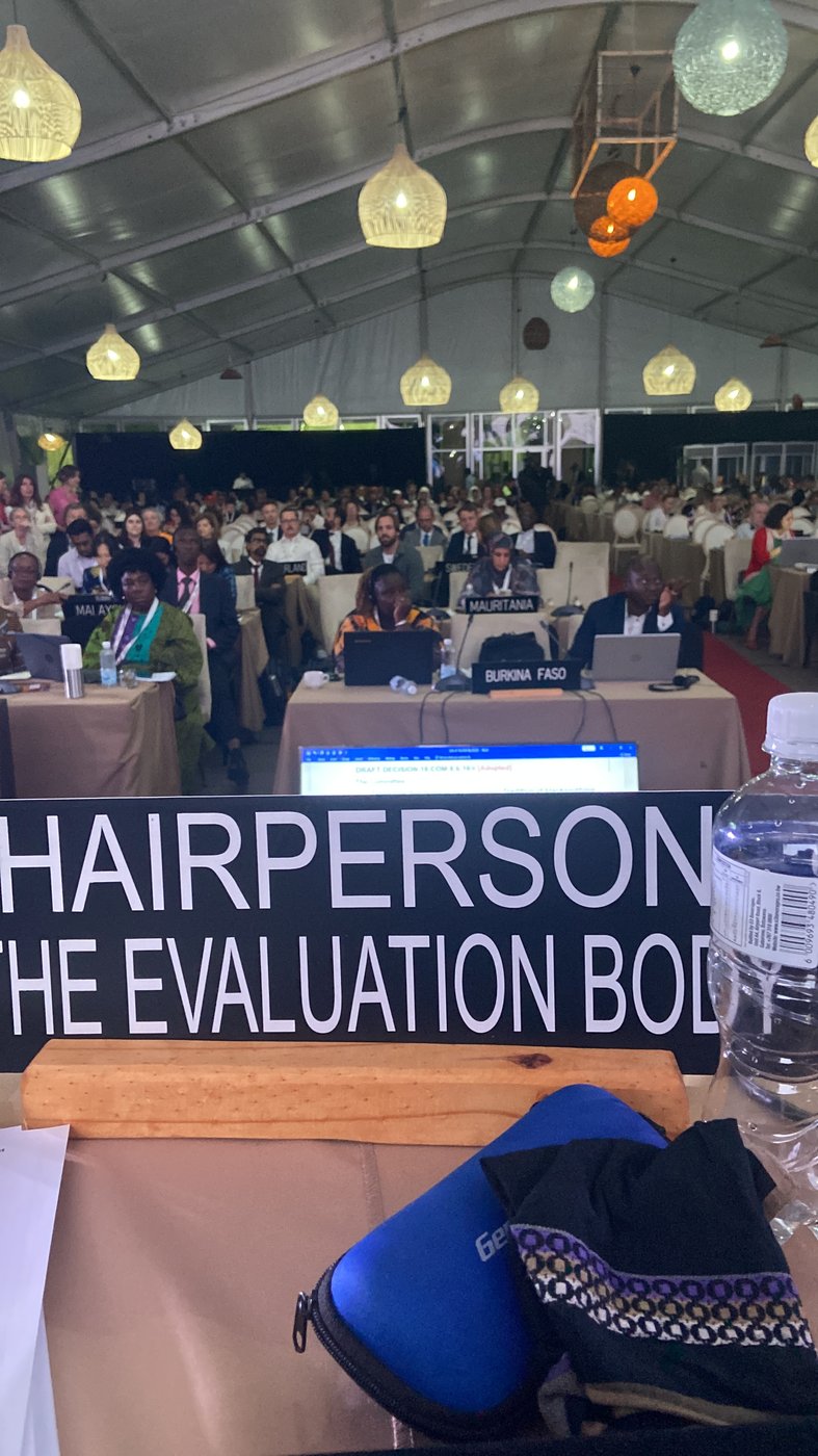 Chairperson's nameplate and delegate hall at the UNESCO Intangible Cultural Heritage Committee meeting in Botswana